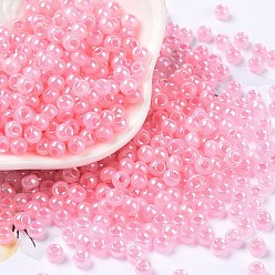 Pearl Pink 6/0 Opaque Colours Rainbow Plated Round Glass Seed Beads, Pearl Pink, 4x3mm, Hole: 1.2mm, about 7200pcs/pound