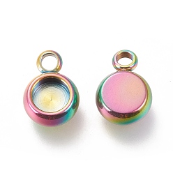 Rainbow Color Ion Plating(IP) 304 Stainless Steel Pendant Cabochon Settings, Flat Round, Rainbow Color, Tray: 4mm, 9x6x3mm, Hole: 1.6mm