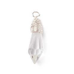 Clear Wire Wrapped Transparent Glass Pendants, Faceted, Bullet, Silver, Clear, 46x12.5mm, Hole: 4mm