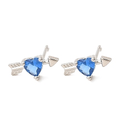 Steel Blue Heart with Arrow Platinum Brass Stud Earrings, with Clear Cubic Zirconia, Long-Lasting Plated, Lead Free & Cadmium Free, Steel Blue, 6x13mm
