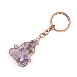 Amethyst Copper Wire Wrapped Natural Amethyst Chips Yoga Pendant Keychains, for Car Key Backpack Pendant Accessories, 10x4.5cm