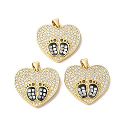 Черный Стойки обшивки латунь кубического циркония подвески, с эмалью и ракушкой, долговечный, без свинца и без кадмия, реальный 18 k позолоченный, сердце с ногой, чёрные, 21x23x3 мм, отверстие : 5x4 мм