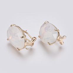 Clear Faceted Glass Stud Earring Findings, with Loop, Light Gold Plated Brass Findings, Oval, Clear, 20x15.5x6~6.5mm, Hole: 1.2mm, Pin: 0.7mm