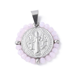 Розовый 304 подвески из нержавеющей стали, со стеклянными бусинами, плоский круглый с шалфеем, цвет нержавеющей стали, туманная роза, 27.5x28x3.5 мм, отверстие : 8x4 мм