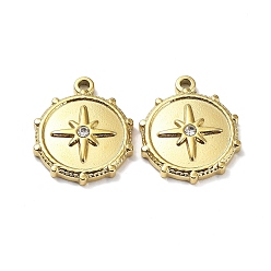 Real 18K Gold Plated Ion Plating(IP) 304 Stainless Steel Charms, with Crystal Rhinestone, Flat Round with Star Charm, Real 18K Gold Plated, 19x16x3mm, Hole: 1.4mm
