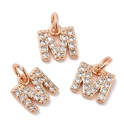 Real Rose Gold Plated Brass Micro Pave Grade AAA Cubic Zirconia Charms, Letter M, Cadmium Free & Nickel Free & Lead Free, Real Rose Gold Plated, 8x7x1.5mm, Hole: 2mm