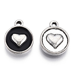 Antique Silver Alloy Pendants, with Enamel, Enamelled Sequins, Flat Round with Heart, Black, Antique Silver, 14.6x11.6x3.1mm, Hole: 1.6mm