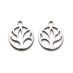 Stainless Steel Color 316 Surgical Stainless Steel Pendants, Laser Cut, Flat Round with Flower Charm, Stainless Steel Color, 15x12.5x1mm, Hole: 1.6mm