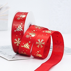 Red 22M Flat Christmas Snowman Printed Polyester Satin Ribbons, Hot Stamping Ribbons, Red, 1 inch(25mm), about 24.06 Yards(22m)/Roll