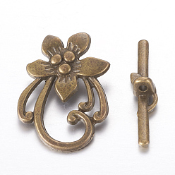 Antique Bronze Tibetan Style Toggle Clasps, Antique Bronze, Flower, Lead Free and Cadmium Free, Flower: 20mm wide, 28mm long, Bar: 5mm wide, 30mm long, hole: 2mm