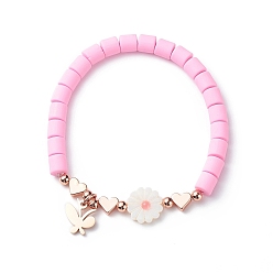 Pink Polymer Clay & Natural Shell Daisy & Heart Beaded Stretch Bracelet, 304 Stainless Steel Butterfly Charms Bracelet for Women, Pink, Inner Diameter: 2 inch(5.1cm)