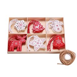 Mixed Color Wooden Ornaments, Christmas Tree Hanging Decorations, with Jute Twine, for Christmas Party Gift Home Decoration, Mixed Color, 49.5~60x42.5~63mm, 30pcs/set