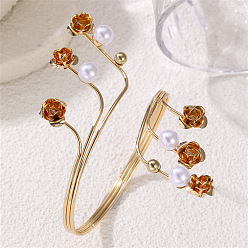 Золотой Браслеты-манжеты из сплава и искусственного жемчуга, браслеты на предплечье для женщин, цветок розы, золотые, внутренний диаметр: 2.56 дюйм (6.5 см)