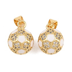 Белый Подвески из латуни с микропаве и прозрачными кубическими циркониями в спортивной тематике, с эмалью, без кадмия и без свинца, реальный 18 k позолоченный, стойки покрытие, долговечный, прелести футбола, белые, 14.5x11.5x11.5 мм, отверстие : 3x5 мм