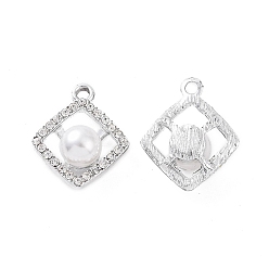 Platinum Alloy Rhinestone Pendants, with ABS Plastic Imitation Pearl Beads, Rhombus Charm, Platinum, 22.5x18.5x9mm, Hole: 2.5mm