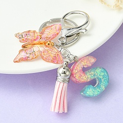 Letter S Resin & Acrylic Keychains, with Alloy Split Key Rings and Faux Suede Tassel Pendants, Letter & Butterfly, Letter S, 8.6cm