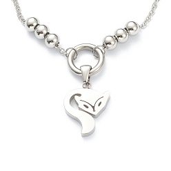 Stainless Steel Color Non-Tarnish 304 Stainless Steel Fox Pendant Necklaces, with Round Beads and Cable Chains, Stainless Steel Color, 18.5 inch(47cm)