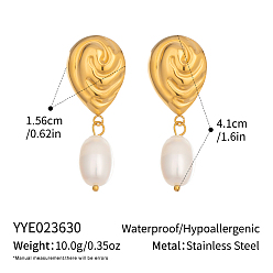 304 Stainless Steel Teardrop Stud Earrings for Women, with Natural Freshwater Pearl, 39x15mm