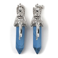 Synthetic Turquoise Synthetic Turquoise Dyed Pointed Pendants, Faceted Bullet Charms, with Rack Plating Platinum Plated Brass Fairy, 24x13mm, Hole: 5x8mm