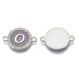 Letter O Alloy Enamel Links Connectors, with Crystal Rhinestones, Flat Round with Letter, Silver Color Plated, Letter.O, 22x16x2mm, Hole: 1.8mm