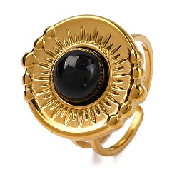 (946F)Морозный цвет внутри  Жонкиль / Непрозрачная зеленая подкладка Натуральный черный агат кольца палец, плоские круглые золотистые тона 304 манжеты из нержавеющей стали для женщин, внутренний диаметр: регулируемый