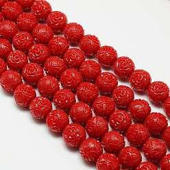 Red Synthetic Coral Beads Strands, Dyed, Round Beads Carved Flower Rose, Red, 12mm, Hole: 1mm, about 33pcs/strand, 15.74 inch