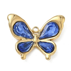 Королевский синий 304 подвески из нержавеющей стали и стекла, очарование бабочки, вакуумное покрытие pvd, реальный 18 k позолоченный, граненые, королевский синий, 17x21x3.5 мм, отверстие : 1.5 мм