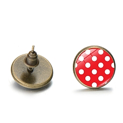 Red Alloy Stud Earrings with Ear Nuts, Glass Flat Round Polka Dot Ear Studs for Women, Red, 12mm