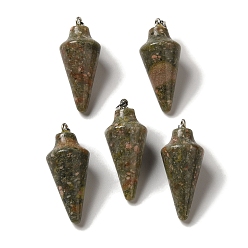 Унакит Природные подвески Unakite, Подвески-конусы с решетчатым покрытием, латунные защелки с платиновым покрытием, на дужках, 36~36.5x15~15.5 мм, отверстие : 5~6.5x2 мм