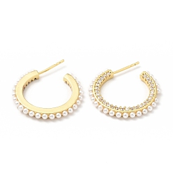 Golden Clear Cubic Zirconia C-Shaped Stud Earrings with Acrylic Pearl, Brass Half Hoop Earrings for Women, Cadmium Free & Lead Free, Golden, 23x24x2mm, Pin: 0.7mm