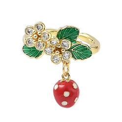 Клубника Латунные микро проложить манжеты кольца кубического циркония, с эмалью для женщин, без кадмия и без свинца, стойки покрытие, реальный 18 k позолоченный, клубника, 2~23 мм, размер США 6 3/4 (17.1 мм)