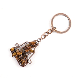Tiger Eye Copper Wire Wrapped Natural Tiger Eye Chips Yoga Pendant Keychains, for Car Key Backpack Pendant Accessories, 10x4.5cm