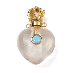 Хрусталь Подвески в виде флаконов духов из натурального кварцевого кристалла и горного хрусталя., Брелоки в форме сердца для открывающихся бутылочек, с латунными микропаве из кубического циркония и 304 колпачками из нержавеющей стали, золотые, 37.5x22.5x14~14.5 мм, отверстие : 1.8 мм