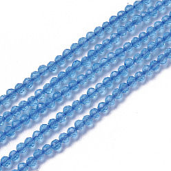 Deep Sky Blue Glass Beads Strands, Faceted, Round, Deep Sky Blue, 1.5~2x2mm, Hole: 0.2mm, about 178~186pcs/strand, 14.5~15.5 inch(36~39cm)