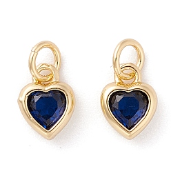 Blue Brass inlaid Cubic Zirconia Pendants, with Jump Ring, Long-Lasting Plated, Heart, Real 18K Gold Plated, Blue, 9.5x7x3mm, Hole: 3.6mm