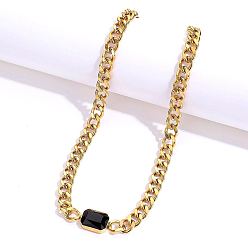 Black Cubic Zirconia Rectangle Pendant Necklace, with Golden Stainless Steel Cuban Link Chains, Black, 18.90 inch(48cm)