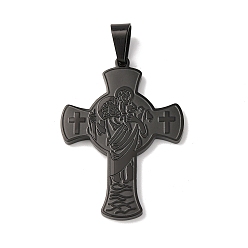 Черный 304 прелести нержавеющей стали, крест со святым Христофором и Иисусом, вакуумное покрытие pvd, чёрные, 41.5x30x3 мм, отверстие : 7.5x5 мм