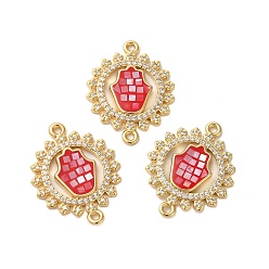 Малиновый Покрытие стойки латунь микро паве цветок циркония с подвесками для ручного разъема хамса, с эмалью и ракушкой, реальный 18 k позолоченный, долговечный, без свинца и без кадмия, малиновый, 25x20x3 мм, отверстие : 1.2 мм