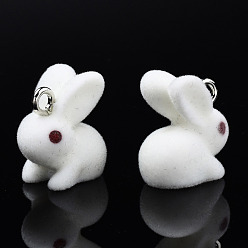 White Flocky Resin Pendants, with Platinum Plated Iron Loops, Rabbit, White, 18x16.5x11mm, Hole: 2.5mm