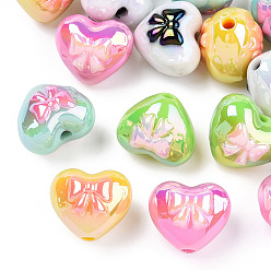 Mixed Color UV Plated Acrylic Beads, Iridescent, Heart with Bowknot, Mixed Color, 15x17.5x14.5mm, Hole: 2.2mm