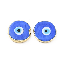 Royal Blue Rack Plating Handmade Evil Eye Lampwork Beads, with Brass Findings, Long-Lasting Plated, Flat Round, Royal Blue, 17.5~18x4.5~5mm, Hole: 1~1.2mm