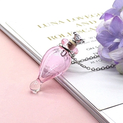 Pink Lampwork Teardrop Perfume Bottle Necklaces, Pendant Necklace with Stainless Steel Chains, Pink, 23.62 inch(60cm)