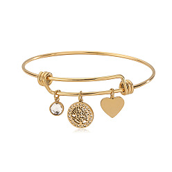 Настоящее золото 18K Браслеты из нержавеющей стали с микропаве из кубических цирконий, регулируемые раздвижные браслеты для женщин, дерево жизни и сердца, реальный 18 k позолоченный, внутренний диаметр: 2-1/2~2-5/8 дюйм (6.4~6.6 см)