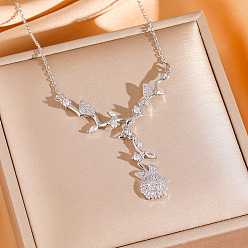 Нержавеющая Сталь Цвет Подвеска в виде цветка ветки, инкрустированная прозрачными кубическими циркониями из латуни 304 Цепочка из нержавеющей стали для женщин, цвет нержавеющей стали, 17.72 дюйм (45 см)