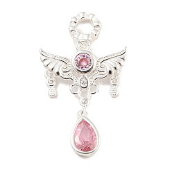 Light Padparadscha Silver 925 Sterling Silver Pendants, with Rhinestone, Angel Charms, Light Padparadscha, 21x15.5x2mm, Hole: 2.8mm