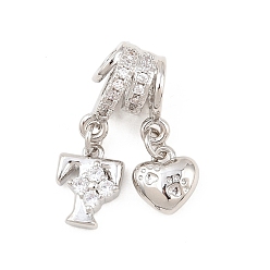 Letter T Латунные микропаве прозрачные подвески с фианитом, сердце прелести, долговечный, стойки покрытие, без кадмия и без свинца, платина, Письмо T, 23.5 мм, отверстия : 3 mm и 4 мм, Сердце: 8.5x8x3.5 mm, Письмо: 10x8x3.5 мм