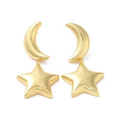 Real 18K Gold Plated Long-Lasting Plated Brass Star and Moon Dangle Stud Earrings for Women, Cadmium Free & Lead Free, Real 18K Gold Plated, 49mm, Pin: 1mm