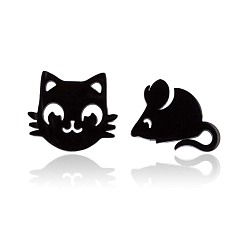 black Cute Asymmetric Cat Mouse Earrings Stainless Steel Animal Studs for Women Best Friends