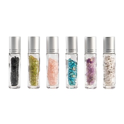 Mixed Stone Glass Roller Ball Bottles, Refillable Perfume Bottle, with Natural/Synthetic Mixed Stone Chip Beads, for Personal Care, 8.6x1.9x8.6cm, 6 colors, 1pc/color, 6pcs/box