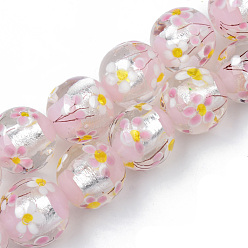 Pink Handmade Silver Foil Glass Lampwork Beads Strands, Inner Flower, Round, Pink, 19~20x19mm, Hole: 1.5mm, about 20pcs/strand, 14.57 inch(37cm)